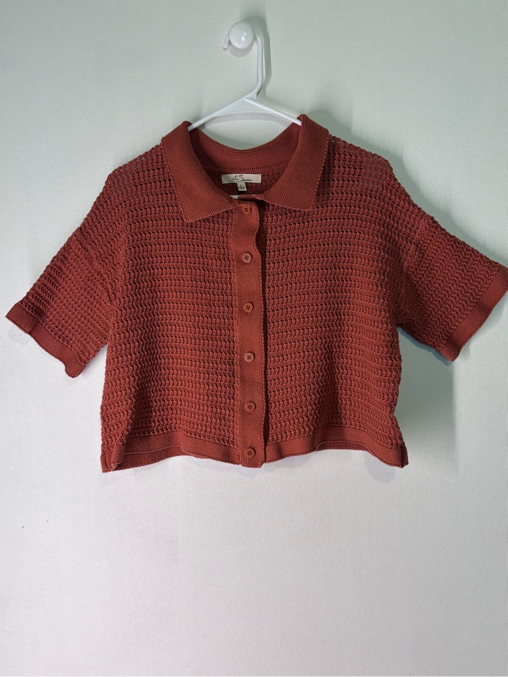 Crochet Knit Short-Sleeve Collared Button-Up Top - Rust